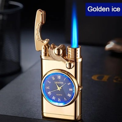 VINTAGE RETRO STYLE Luxury Golden Liquid Gas Lighter with Roman Numeral Clock
