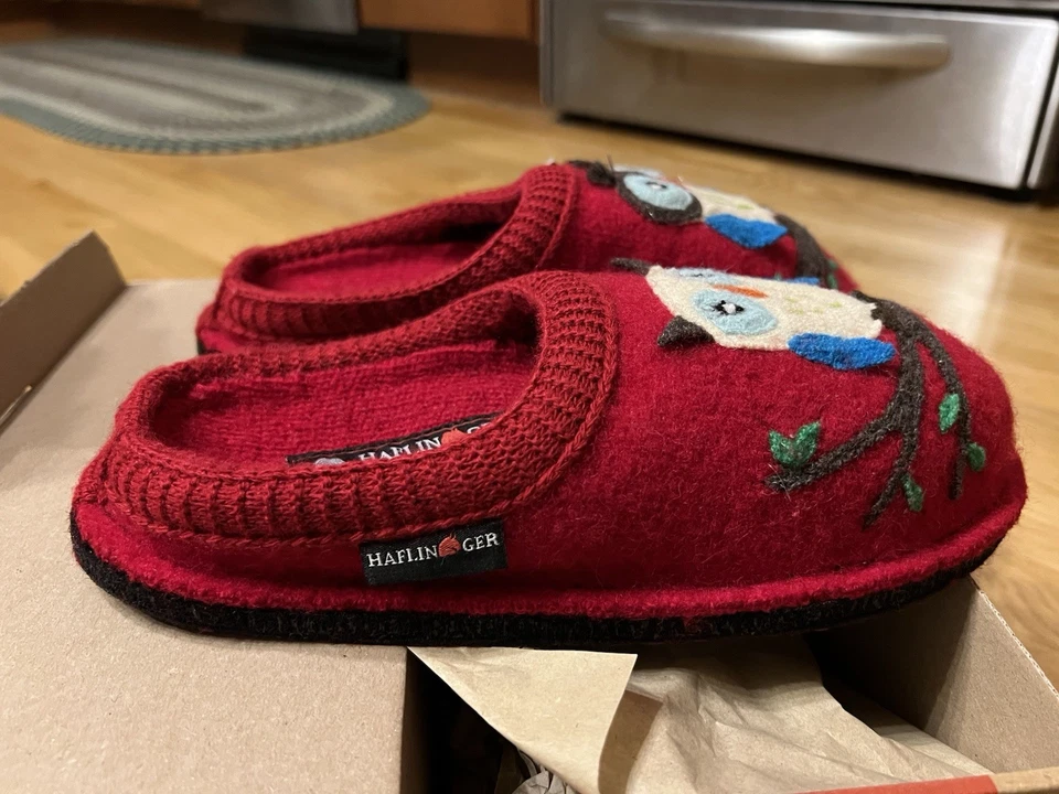 全新带盒 HAFLINGER 女士 OLIVIA 猫头鹰舒适室内羊毛拖鞋,尺寸 39 MSRP,110.00 美元 — 第 3/4 张图片