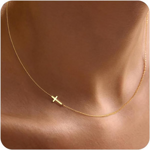 Authentic Sideway Dainty Cross Necklace for Women Girls, 14K Gold Plated Waterproof Small