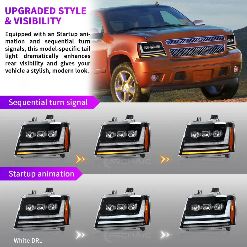 LED Headlights for 2007-2014 Chevy Tahoe Suburban Avalanche,w/Startup Animation - Imagem 3 de 4