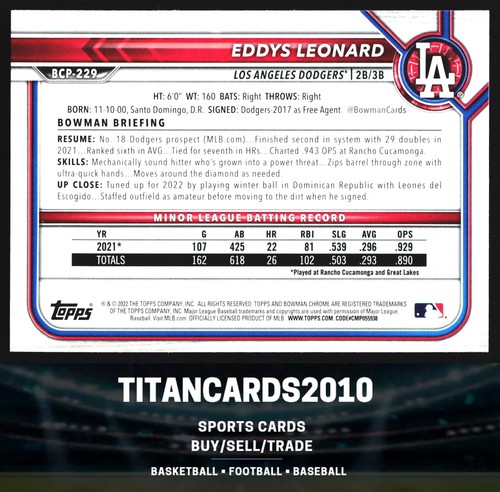 Eddys Leonard 2022 Bowman Chrome Silver Mojo Los Angeles Dodgers #BCP-229 - Picture 2 of 2