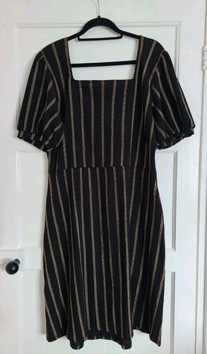 F&F Black Gold Sparkle Striped Elasticated Waist Dress Size 22 See Pics * - Picture 2 of 4