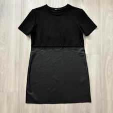 Zara Dress Women Black Faux Leather Panel Short Sleeve Dress Modern Size S