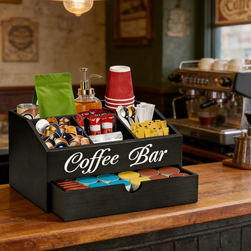 Wooden Coffee Organizers With 5 Compartments For Kitchen Countertop Storage