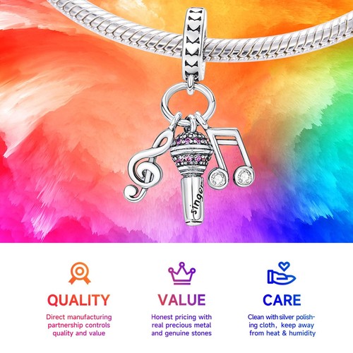925 Sterling Silber Charm Perlen für Armbänder & Halsketten, Rosa Musik Mic Airpla - Bild 3 von 6