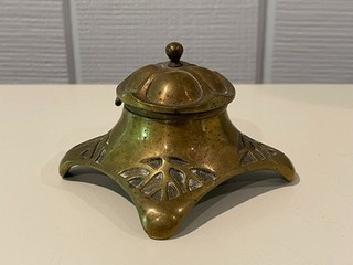 Antique Arts Crafts Era Mission Style Cast Brass Inkwell