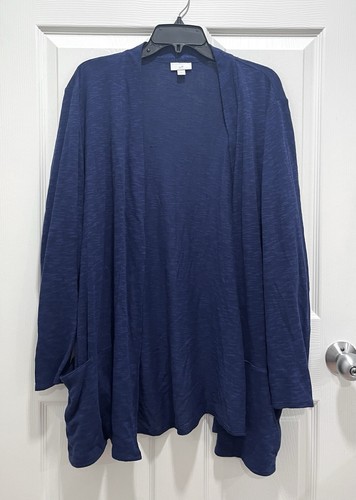 J JILL Damen XL Leinen Baumwolle Strickjacke dunkelblau leicht offene Fronttaschen