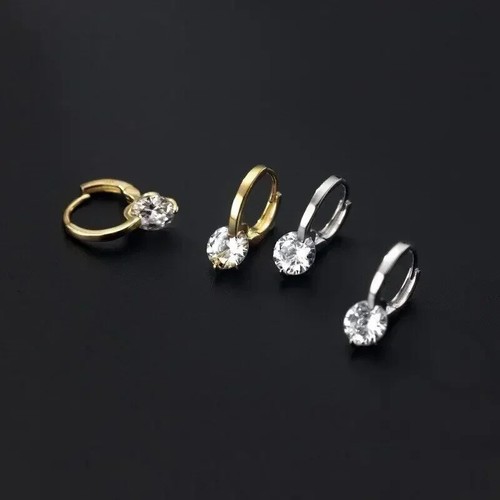 Pendientes colgantes simples de circón redondo enchapado en oro con aguja de plata 925 para mujer S... - Imagen 2 de 17