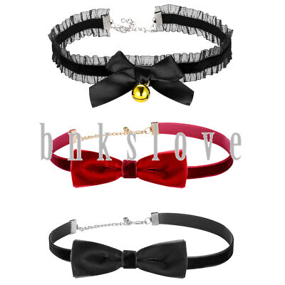 Women Girl Knot Bow Bell Velvet Choker Ribbon Lace Collar