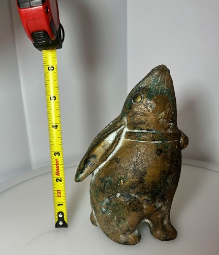 Vtg Moon Gazing Rabbit Patinated Cast Iron Japan 6” W/ Matching Bronze Rabbit 7” - Picture 10 of 16