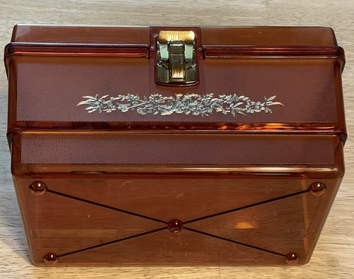 Vintage Sewing Box Amber Plastic Gold Embossed Front Brass Clasp Handle On Top - Picture 6 of 10