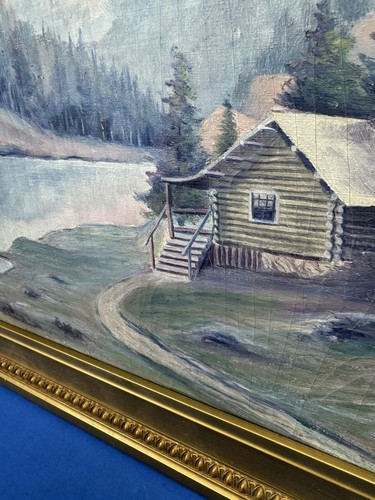 Pintura al óleo vintage CABAÑA DE REGISTRO en la montaña del río, paisaje del valle ~ ¡Decoración del campamento! - Imagen 10 de 18