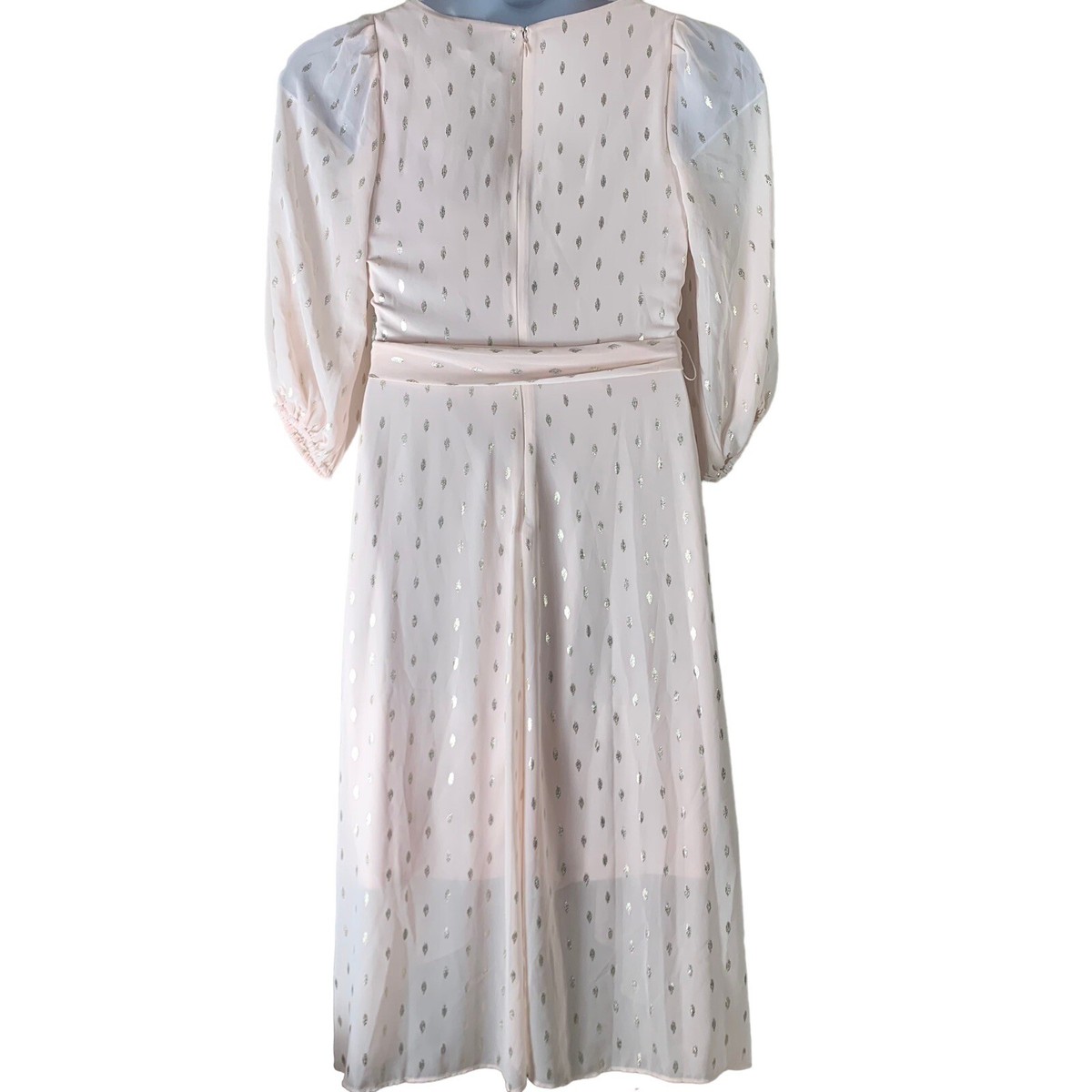 DKNY Size 6 Dress Pastel Pink Gold Shimmer Puff Sleeves V
