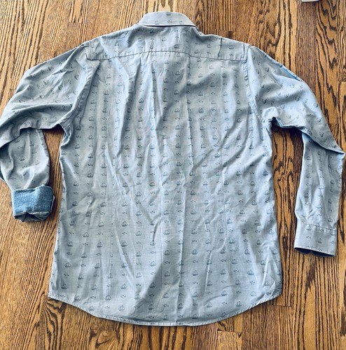 Steel & Jelly Herren Lg Chambray Segelboot & Fisch Druck Knopfleiste Flip Manschette EUC - Bild 4 von 9