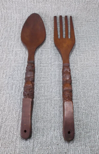 Giant Wooden Fork & Spoon Wall Decor Beautiful Carved Handles Inch 1960s - Picture 2 of 5