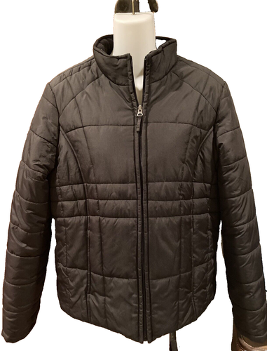 Puffer jacket insulated coat solid black quilted - fleece inside zip front M