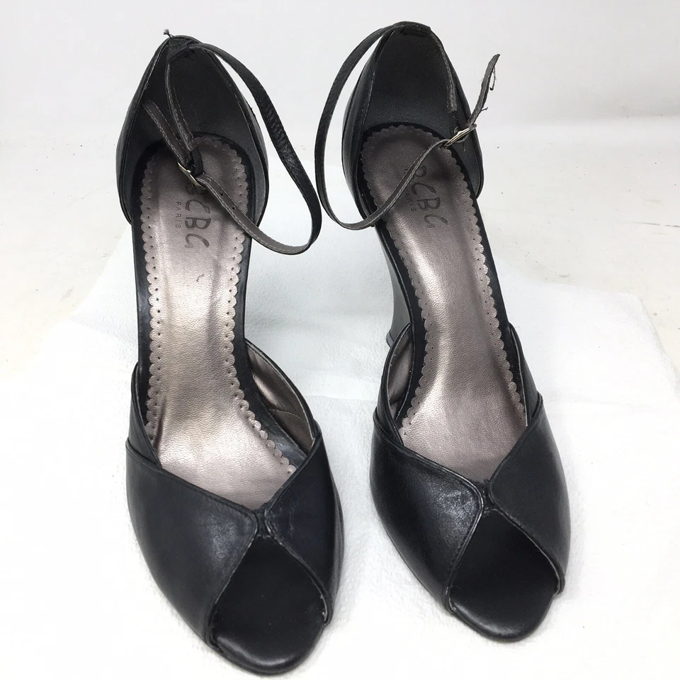 "Sandalias de cuña BCBG Paris negras de 3,5"" punta abierta correa al tobillo talla 8,5 B" Foto 3 de 4