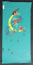 CHRISTMAS Birds on Cresent Moon with Pinecones 7x14.5" Greeting Card Art #25K