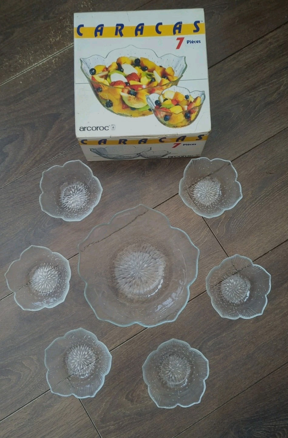 Juego de tazones de postre vintage francés Arcoroc 7 piezas flor caracas fruta en caja