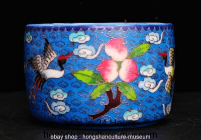 Ancien pot pot pot en porcelaine chinoise remises émaillée cloisonnée motif grue pêche 5,6"