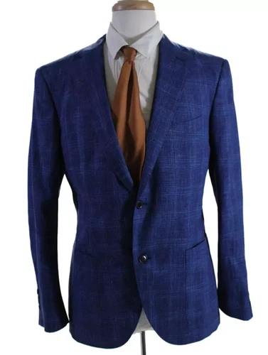 NWOT Current Luciano Barbera Blue Plaid Summer Sport Coat Patch Pocket EU52 US40