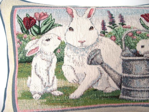 Three White Rabbits w/ Watering Can, Tulip, Flower, Chenille Tapestry Pillow New - Picture 3 of 8