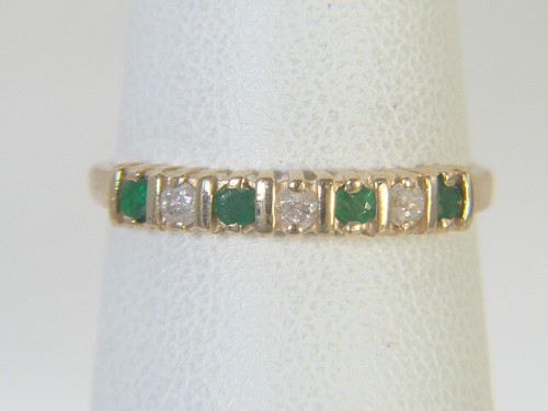 14K Yellow Gold Natural Emerald and Diamond Wedding or Anniversary Band Size 6.5