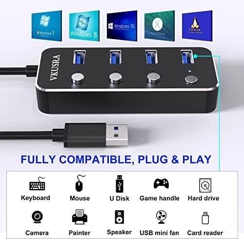 4-Port USB 3.0 Hub with 4ft Cable & LED Indicators for Laptop PC
