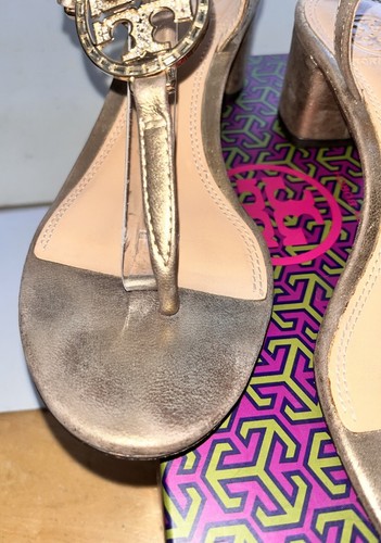 Tory Burch VIOLET 45mm crystal T strap leather PLATINUM METALLIC Sandals Sz 7 - Picture 9 of 13