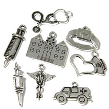 Set of 8 Assorted Antique Silver Plated Nurse or Doctor Medical Jewelry Charm