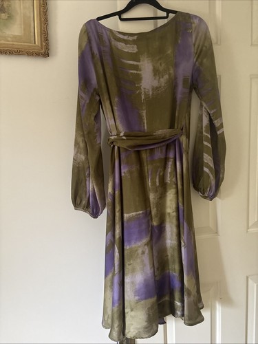 Bargain! SACHA DRAKE Mauve Olive 100% SILK wrap Dress midi Size 10 Max 91cm Bust - Picture 4 of 5
