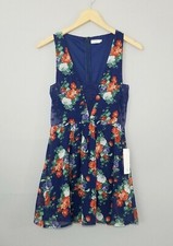 TOBI Womens Blue Floral Sleeveless Lace Trim Fit & Flare Dress Size Small NEW