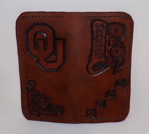 CUSTOM ONE OF A KIND OU SOONERS LEATHER LONG WALLET SCHOONER OKLAHOMA UNIVERSITY - Picture 1 of 8