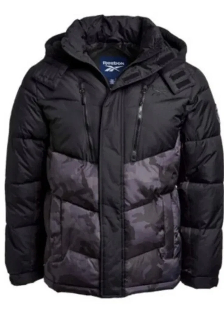 NWT Reebok Puffer Jacket Coat Black/Camo Sz XL