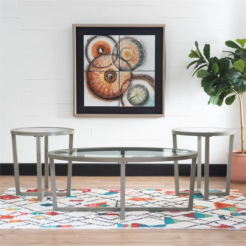 3 piece round glass coffee table set deals