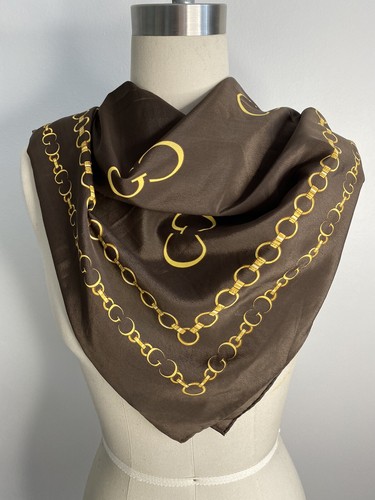 CG GG Brown Gold Silk Scarf Monogram Square Vintage Link Chain Baroque 88cm - Picture 1 of 3