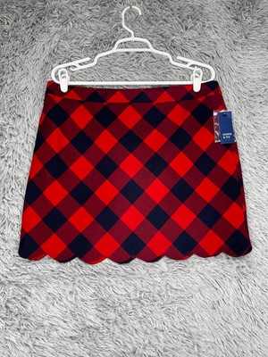 Crown & Ivy Buffalo Check Mini Skirt Women's 12 Red Blue Scalloped Hem