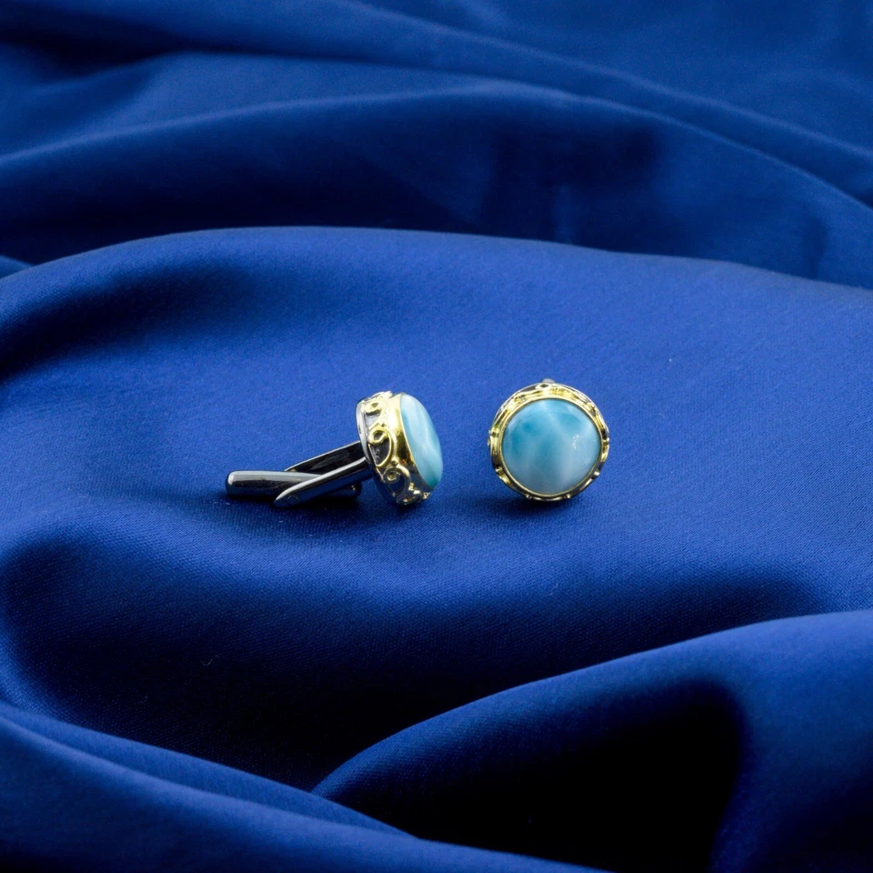 Gemelos redondos de piedras preciosas naturales Larimar enchapados en oro de plata de ley 925 joyas Foto 4 de 4