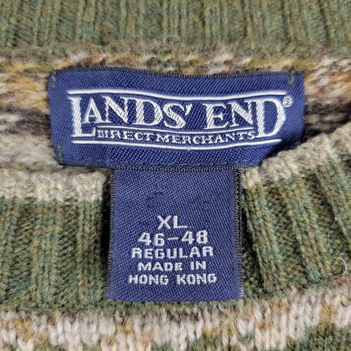 Lands' End sweater mens XL green brown 100% lambs wool Fair Isle VTG Hong Kong - Picture 14 of 19