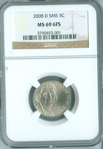 2008 D Jefferson Nickel 5C NGC MS69 FS Qualità SMS - Foto 1 di 2