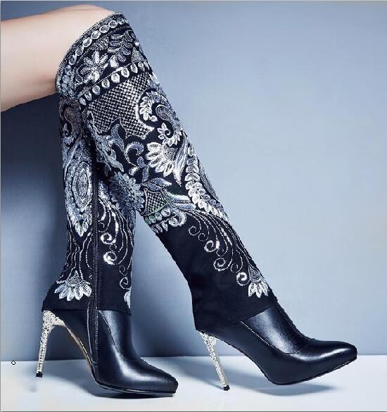 New mujer Knee High botas embroider Stilettos Elegant Pointy toe zapatos Zip bota New mujer Knee High botas embroider Stilettos Elegant Pointy toe zapatos Zip bota