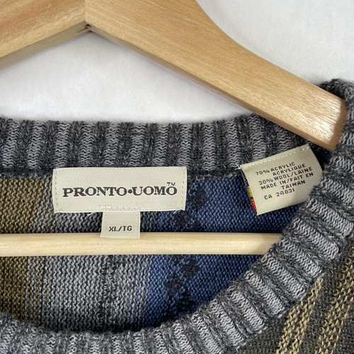 VTG PRONTO UOMO Grandpa Sweater Brown/Multicolor Coogi Style Wool 80s/90s Sz XL - Picture 3 of 9