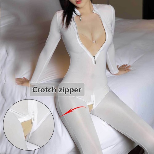 S-XL Damen Glanz Body Reißverschluss Offener Schritt Catsuit Fuß Overall Strampler - Bild 14 von 19