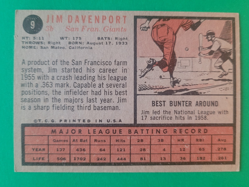 1962 Topps JIM DAVENPORT #9 S.F. Giants EX Light wear only $0.69 shipping - Picture 2 of 3