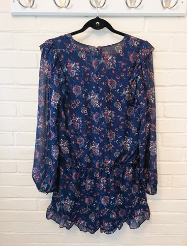 JOIE CHERITA LONG SLEEVE NAVY BLUE FLORAL SILK ROMPER SIZE L - Picture 10 of 11