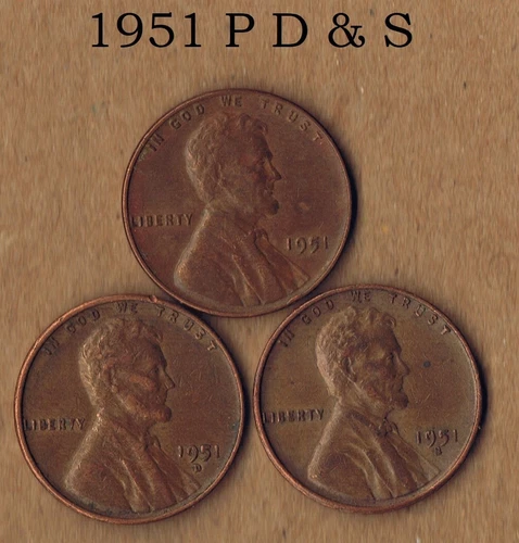 1951 P D & S Lincoln 1 cent coin. Average circulated condition of VG-Fine plus.