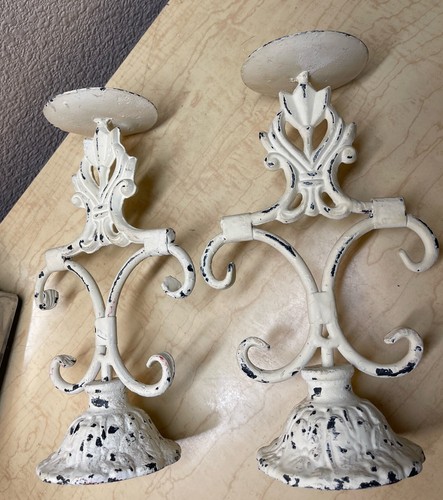 Pair Of Vintage Old World Cream On Iron Candle Pillar Holders 10.5” - Picture 18 of 20