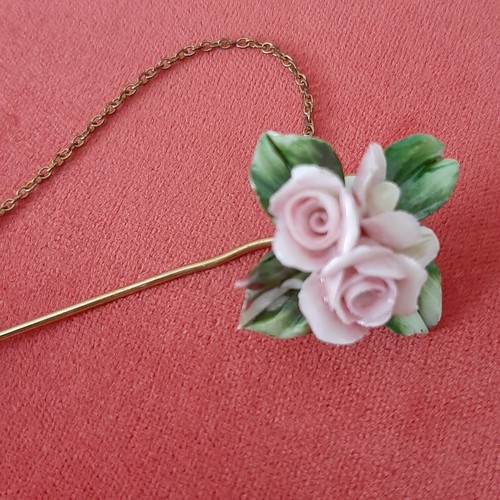 Vtg Ceramic Pink Rose Stick Pin Floral Boutonniere Brooch with Chain Clasp - Picture 6 of 8
