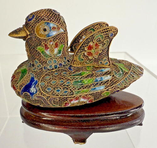 Chinese Silver Gold Plated Gilt Filigree Duck Figurines (2) on Wooden Stand - Picture 7 of 10