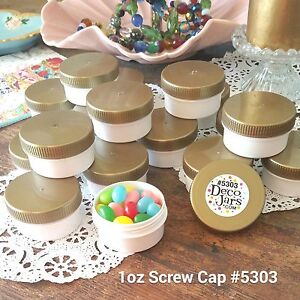 20-White-JARS-1-oz-GOLD-Caps-Plastic-Wide-Mouth-Container-5303-DecoJars-USA